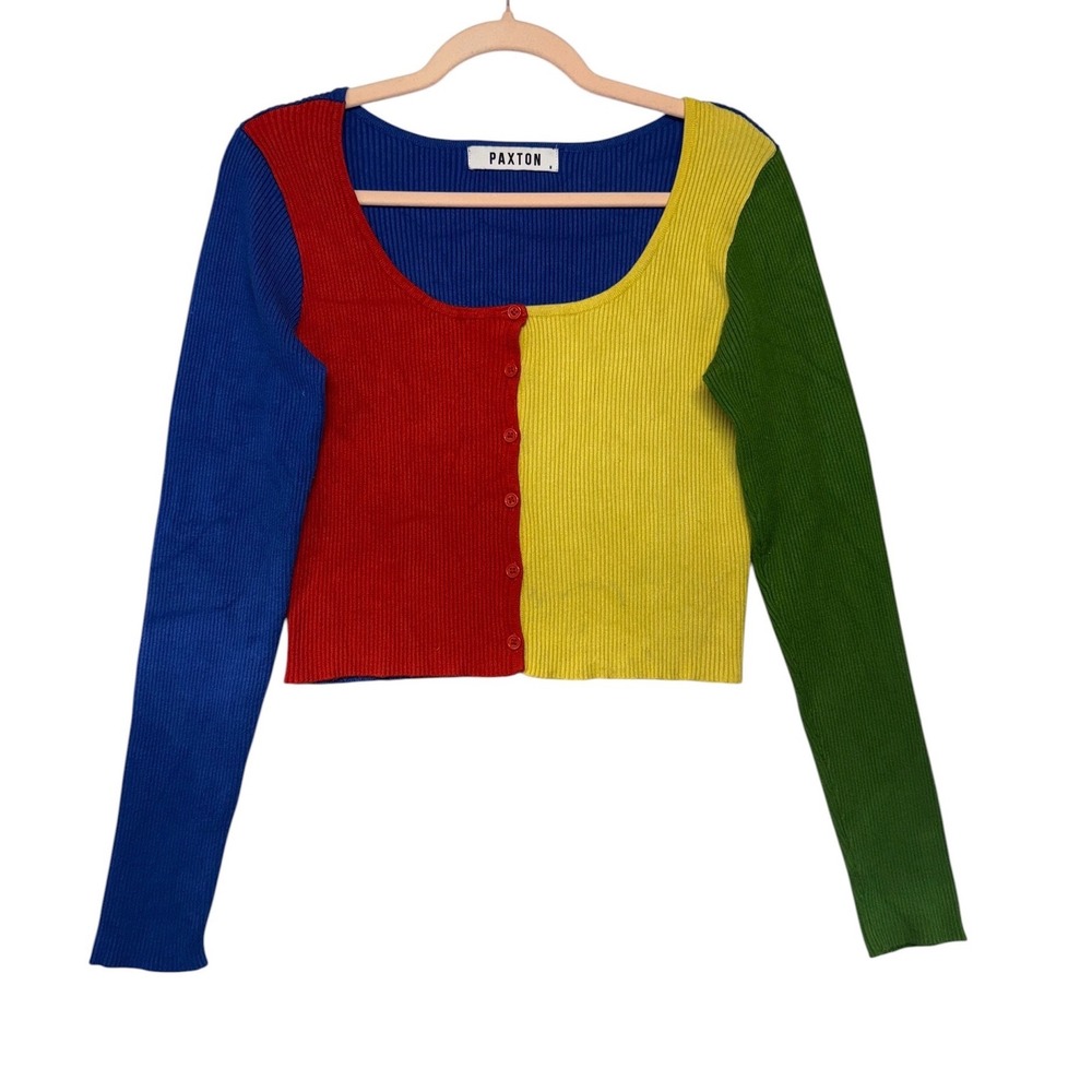 Paxton Akira Women Multicolor Colorblock Ribbed Button Front Cardigan Size M